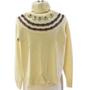 70s Vintage Cream Boho Turtleneck Sweater Womens XS Embroidered Collage Knit Top